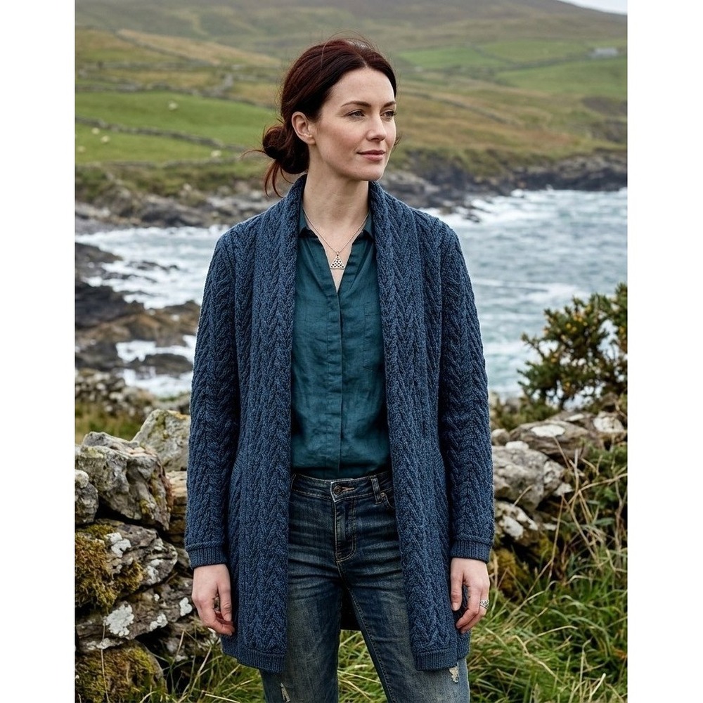 Aran Crafts Cardigan Women XS Blue 100% Merino Wool Cable Knit Irish Sweater